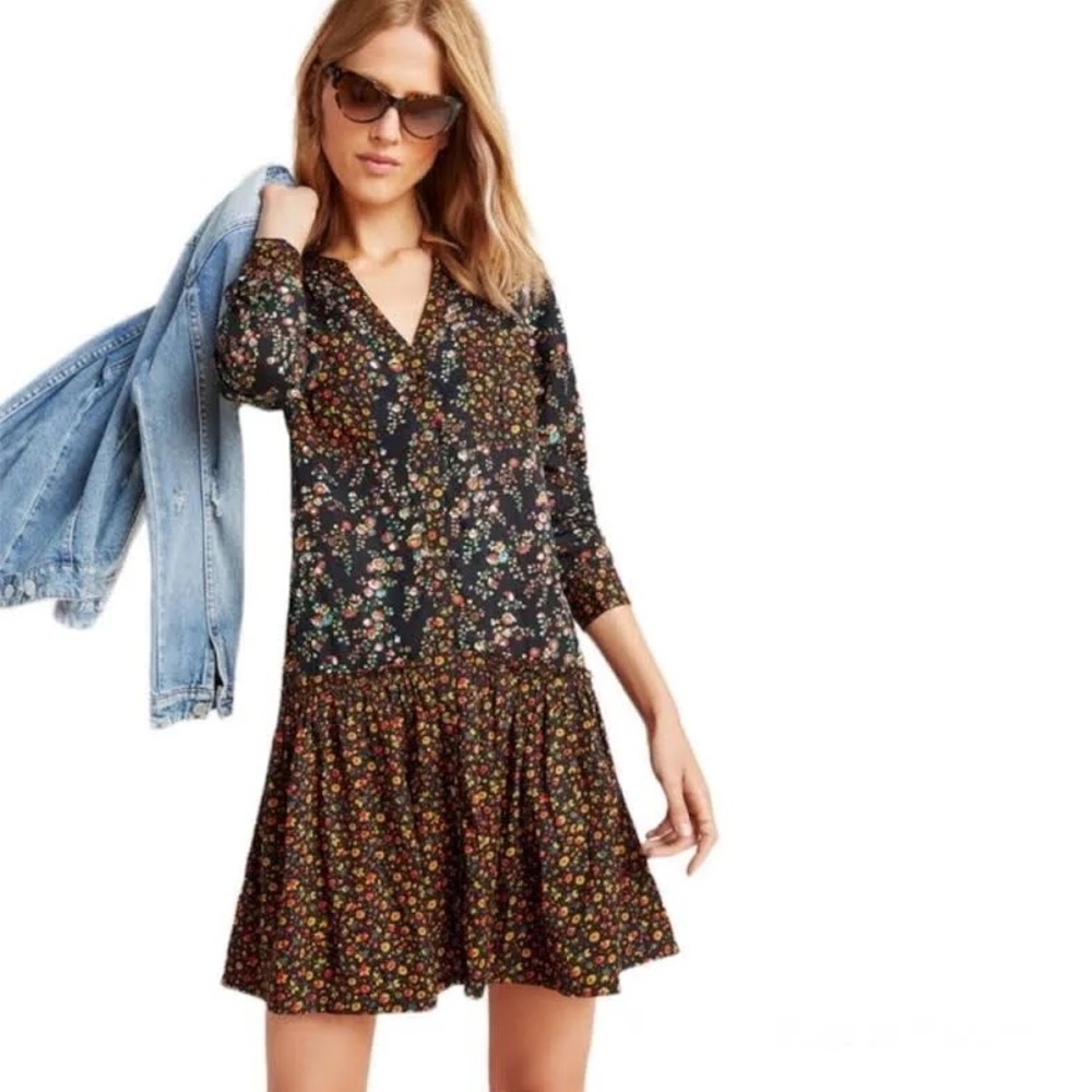Anthropologie Maeve Marlie Black Floral Tunic Dress sz 0